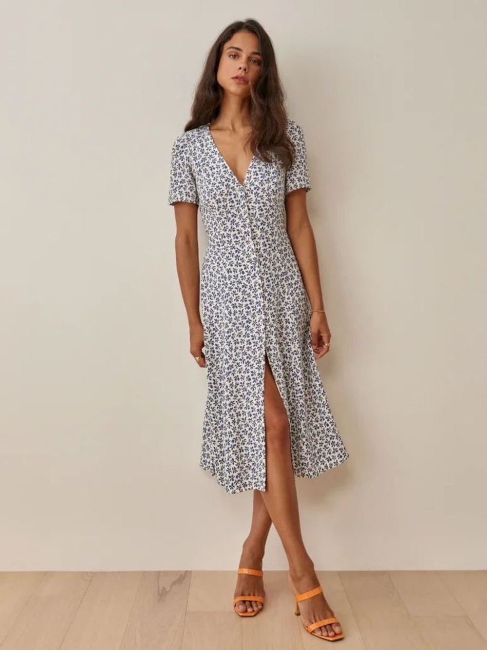 Reformation White Floral Midi Dress with Blue Print